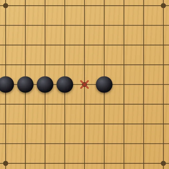 五目並べの盤。六つ以上が一列に並ぶ点へ、赤い × 印が出ている