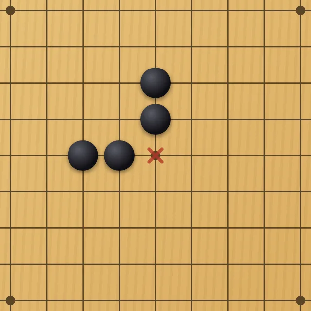 五目並べの盤。縦と横に三が同時にできる交点へ、赤い × 印が出ている
